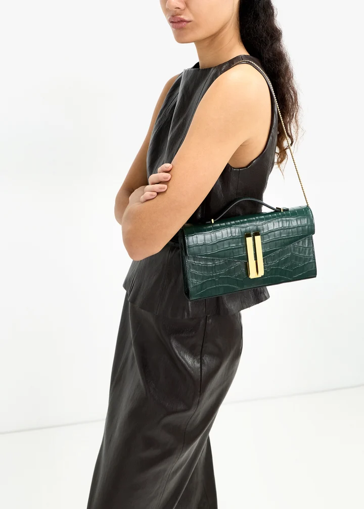 Embossed Leather Double Bar Lock Structured Chain Crossbody Clutch