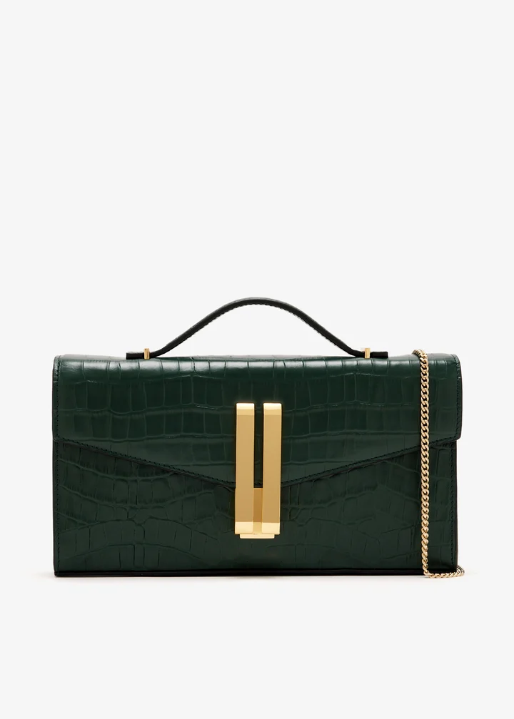 Embossed Leather Double Bar Lock Structured Chain Crossbody Clutch