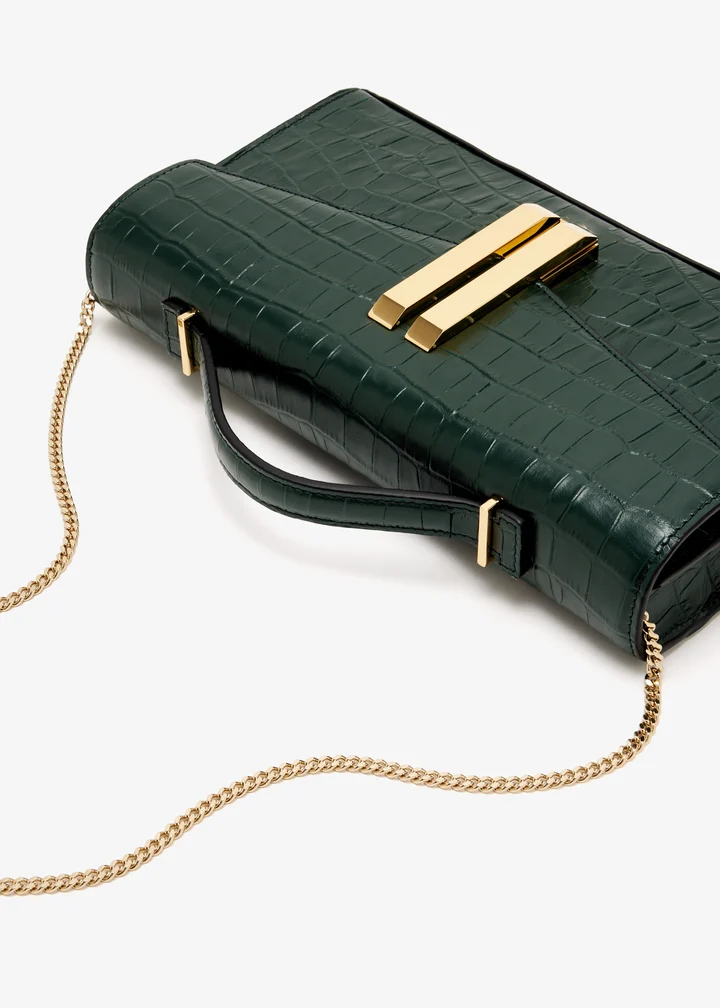Embossed Leather Double Bar Lock Structured Chain Crossbody Clutch