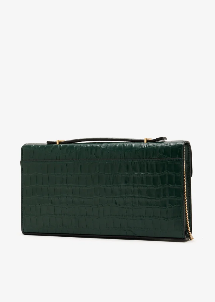Embossed Leather Double Bar Lock Structured Chain Crossbody Clutch