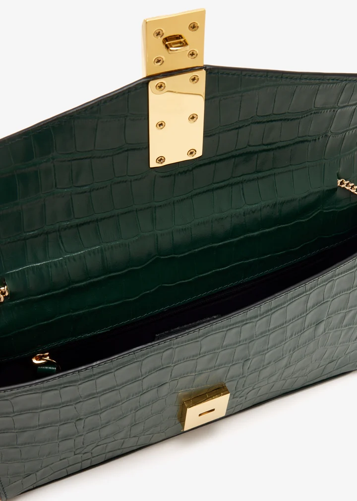 Embossed Leather Double Bar Lock Structured Chain Crossbody Clutch