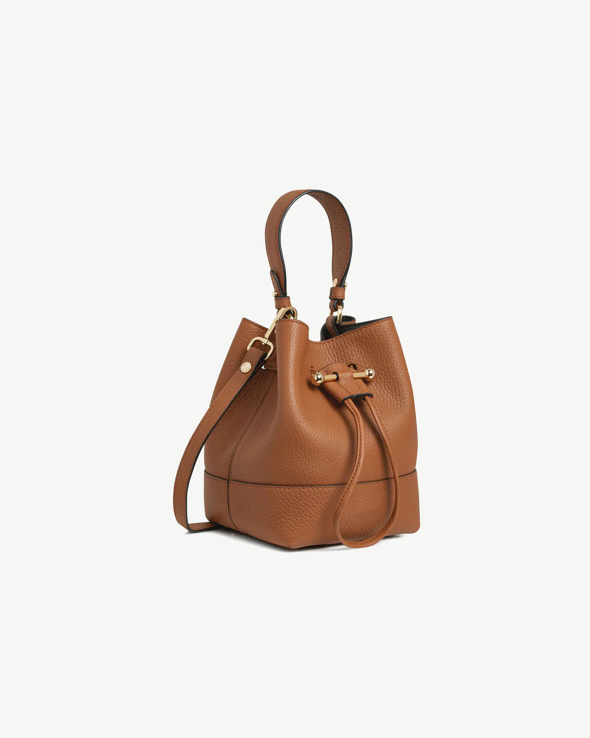 Tan Pebble Leather Bar Drawstring Mini Bucket Crossbody Bag