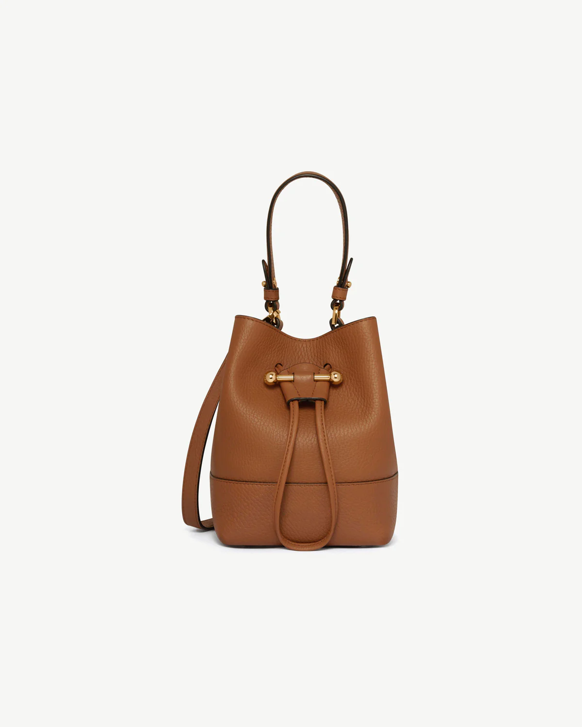 Tan Pebble Leather Bar Drawstring Mini Bucket Crossbody Bag