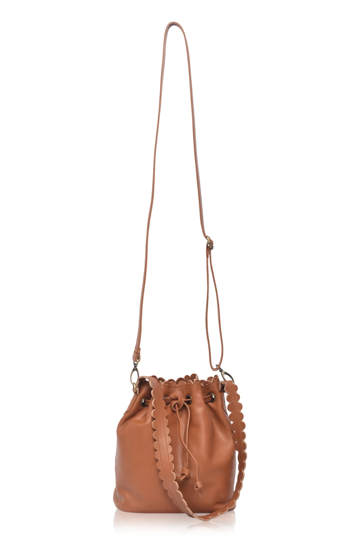 Edge Drawstring Leather Mini Bucket Bag with Dual Adjustable Straps