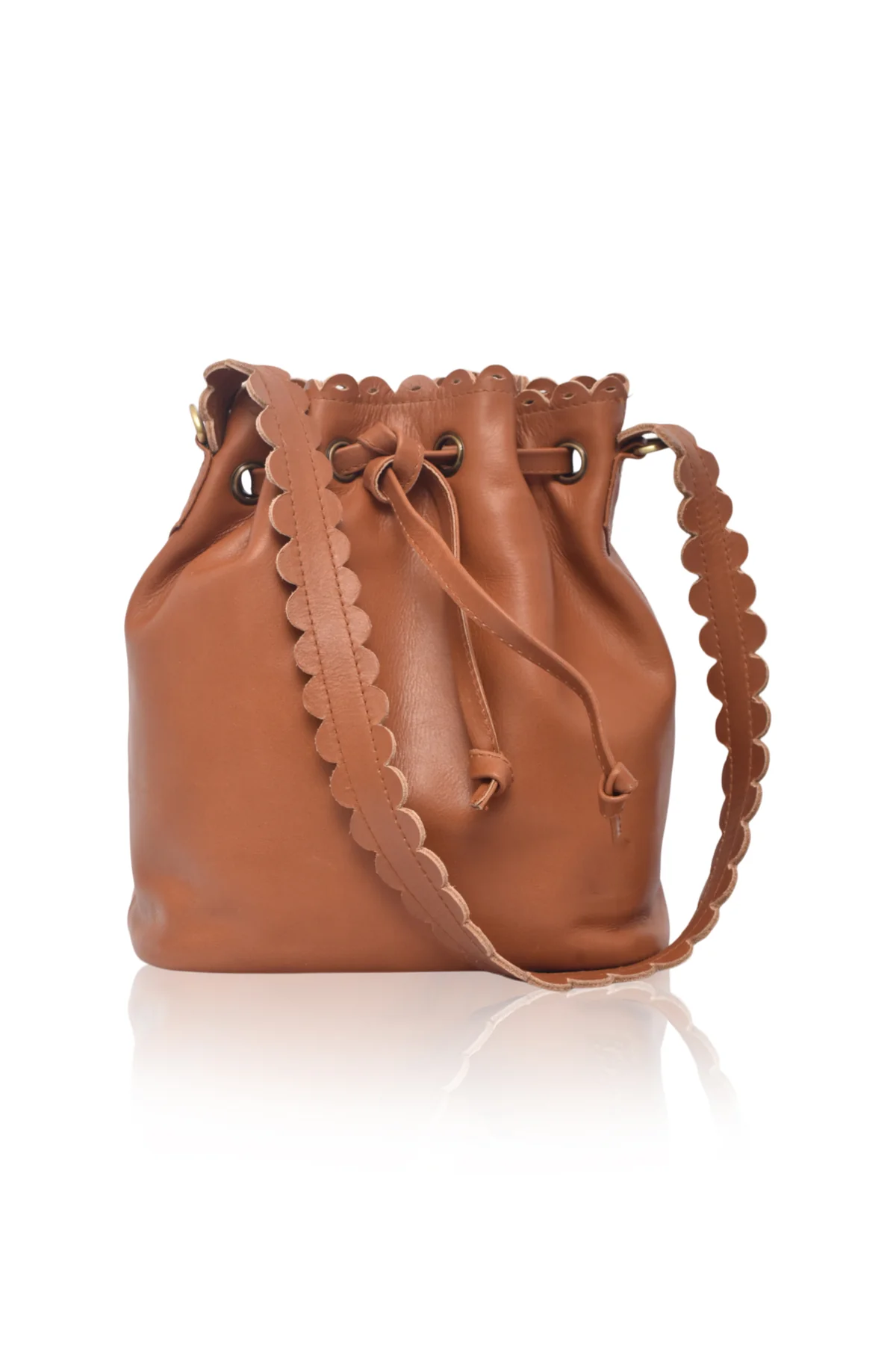 Edge Drawstring Leather Mini Bucket Bag with Dual Adjustable Straps