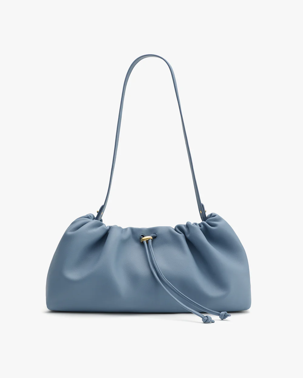 Soft Light Blue Leather Drawstring Ruched Underarm Shoulder Bag