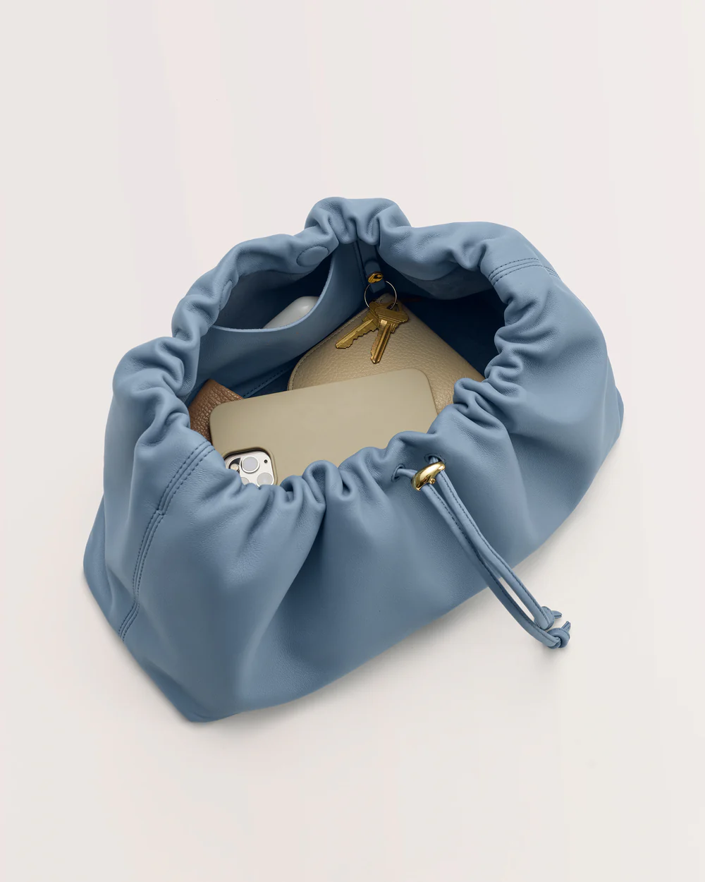 Soft Light Blue Leather Drawstring Ruched Underarm Shoulder Bag