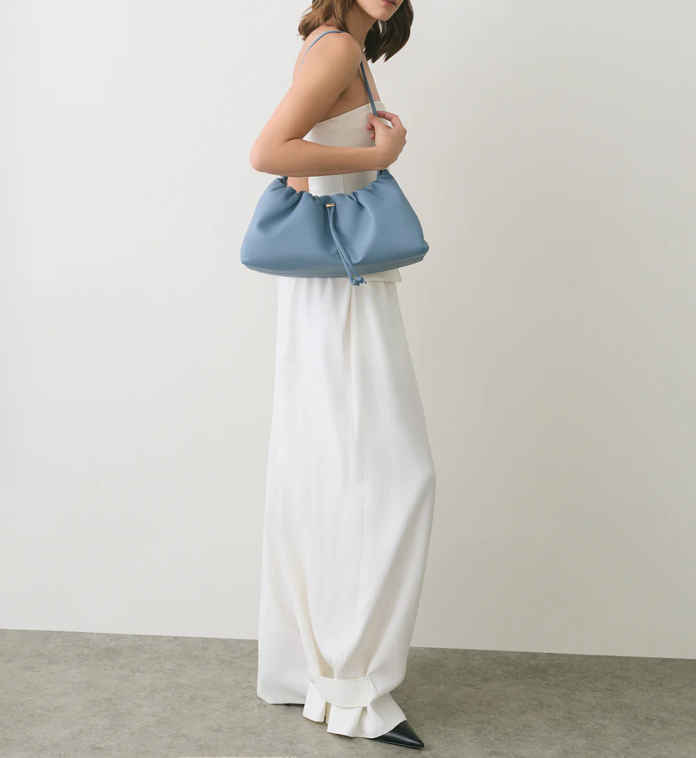 Soft Light Blue Leather Drawstring Ruched Underarm Shoulder Bag