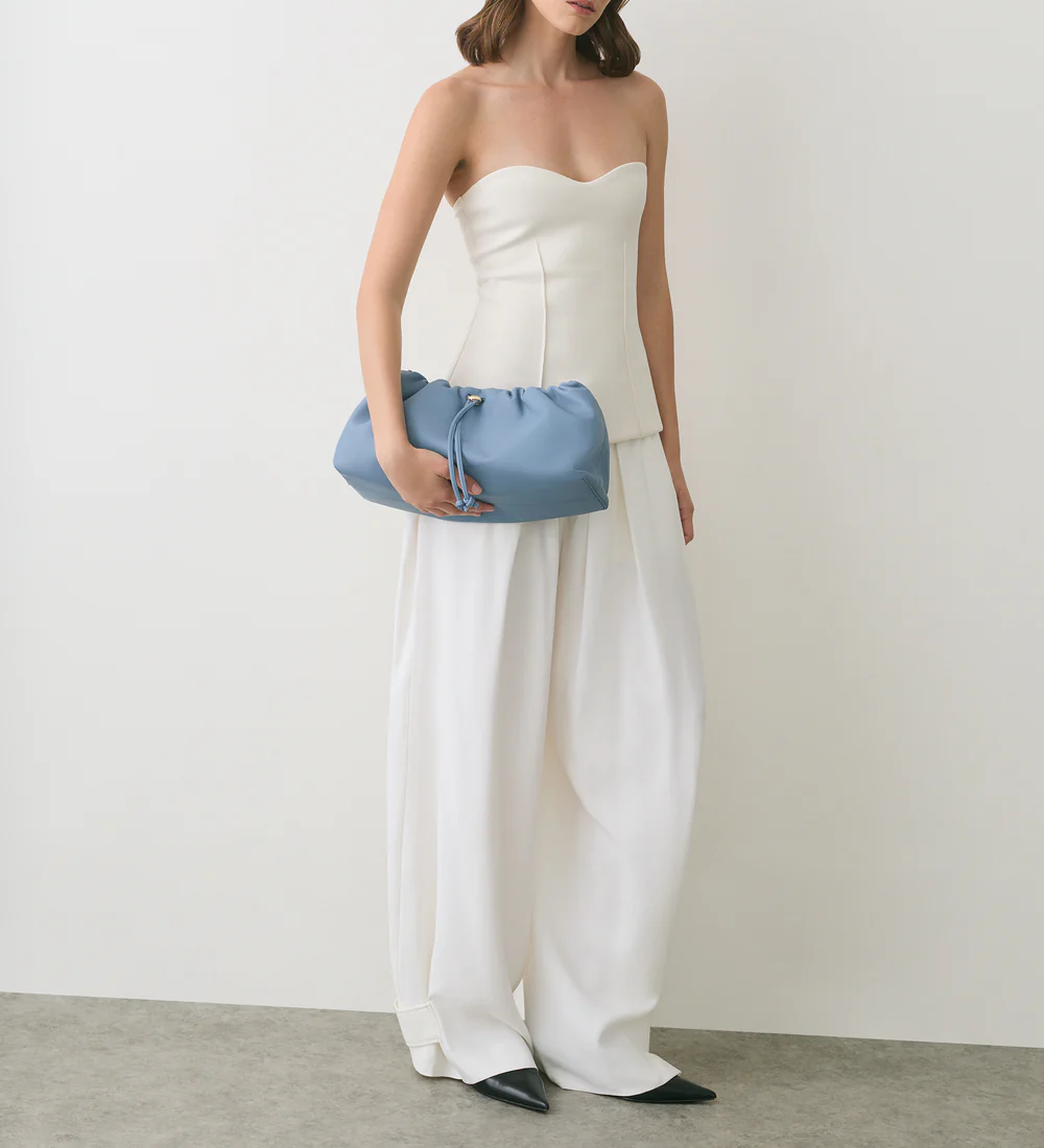 Soft Light Blue Leather Drawstring Ruched Underarm Shoulder Bag