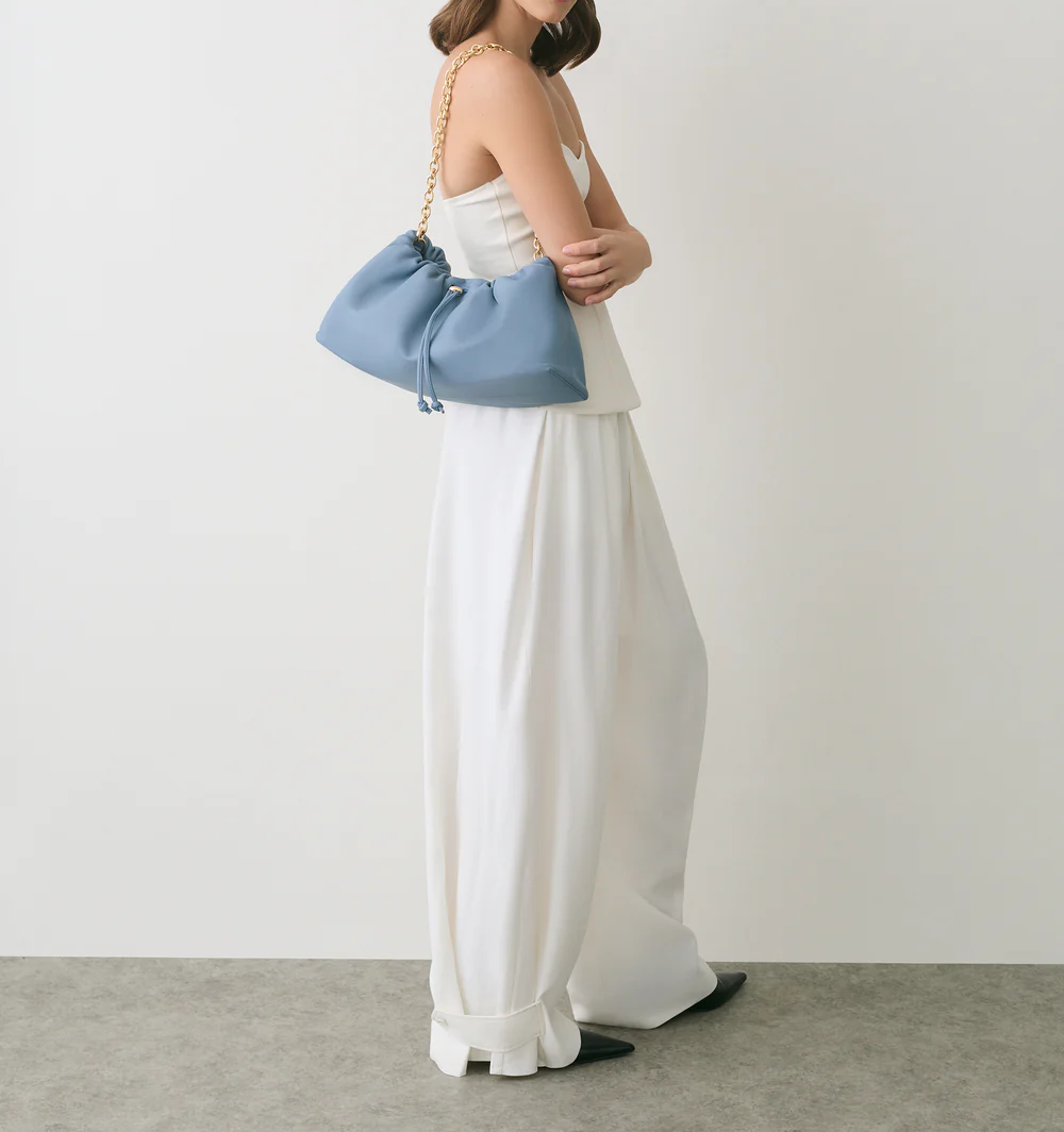 Soft Light Blue Leather Drawstring Ruched Underarm Shoulder Bag