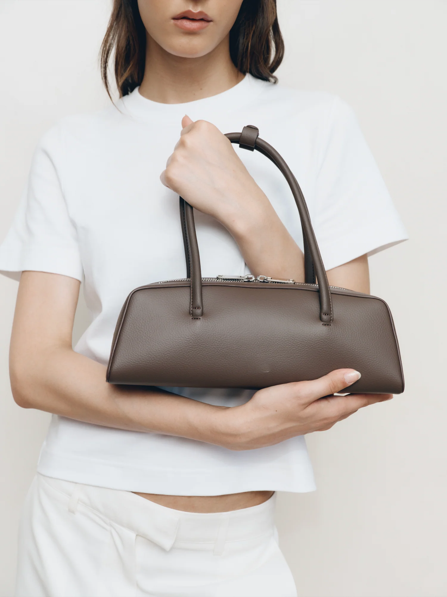 Smooth Leather Rolled Thin Handle Double Zip Mini Underarm Bag