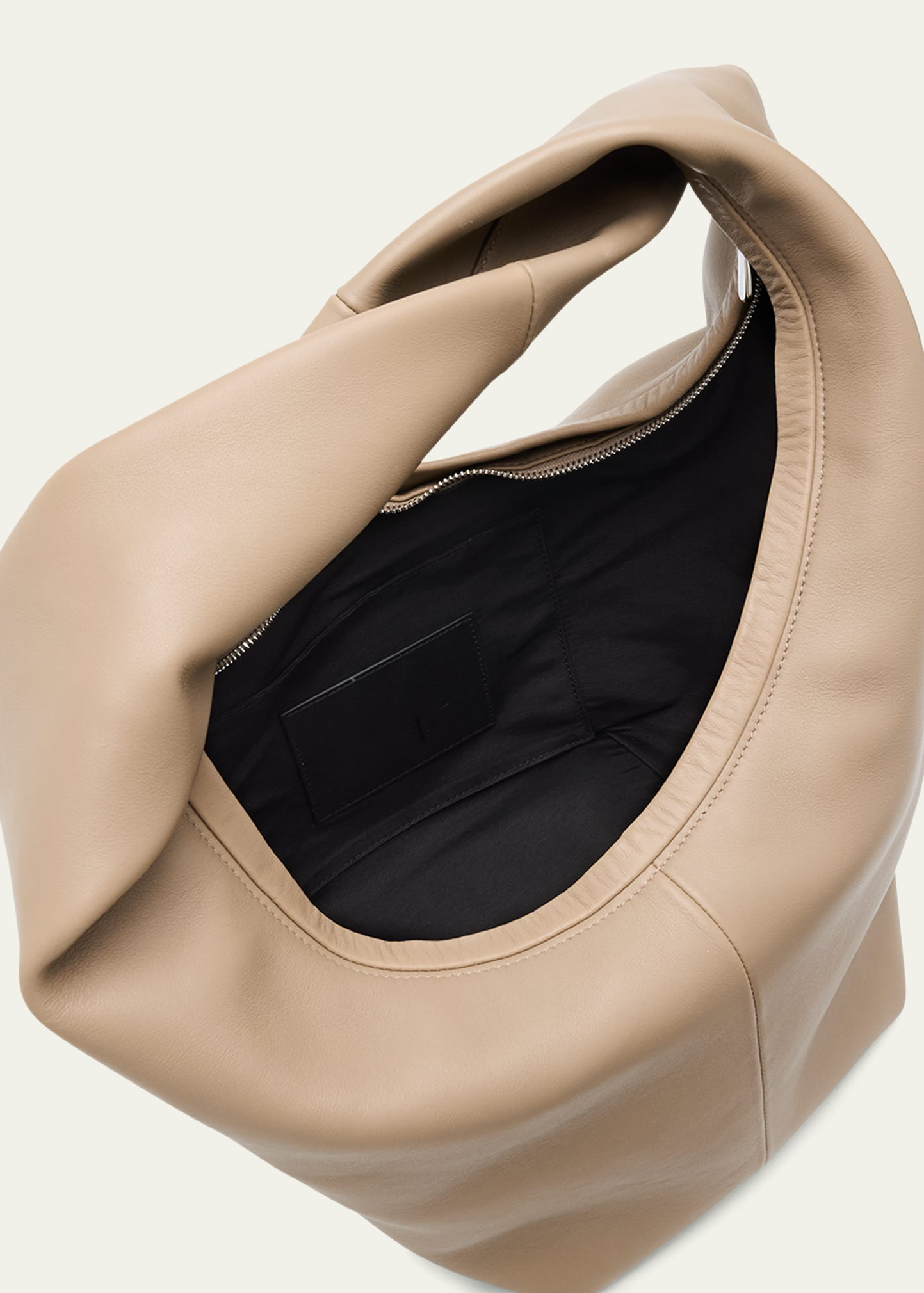 Beige Soft Leather Integrated Twisted Strap Oversized Slouch Hobo Shoulder Bag