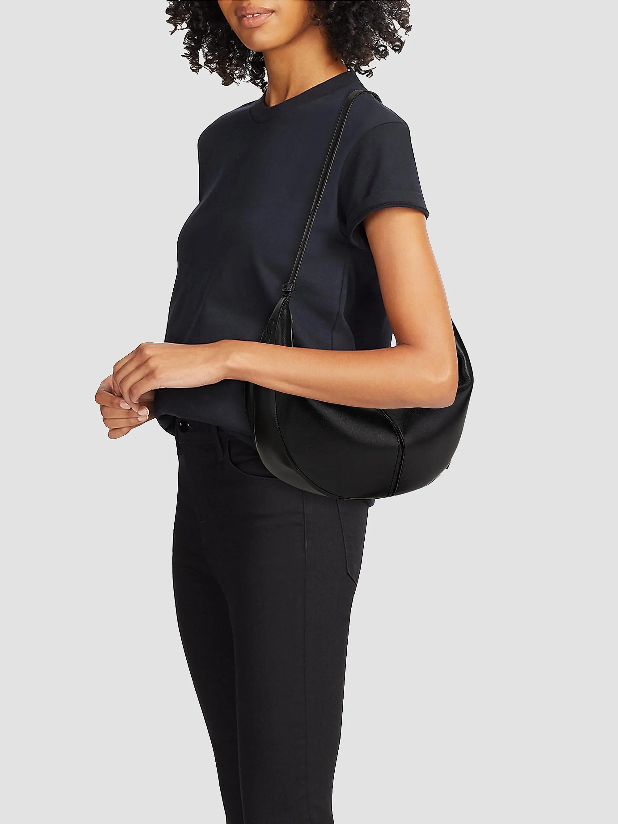 Black Smooth Nappa Lamb Leather Adjustable Strap Crescent Hobo Shoulder Bag
