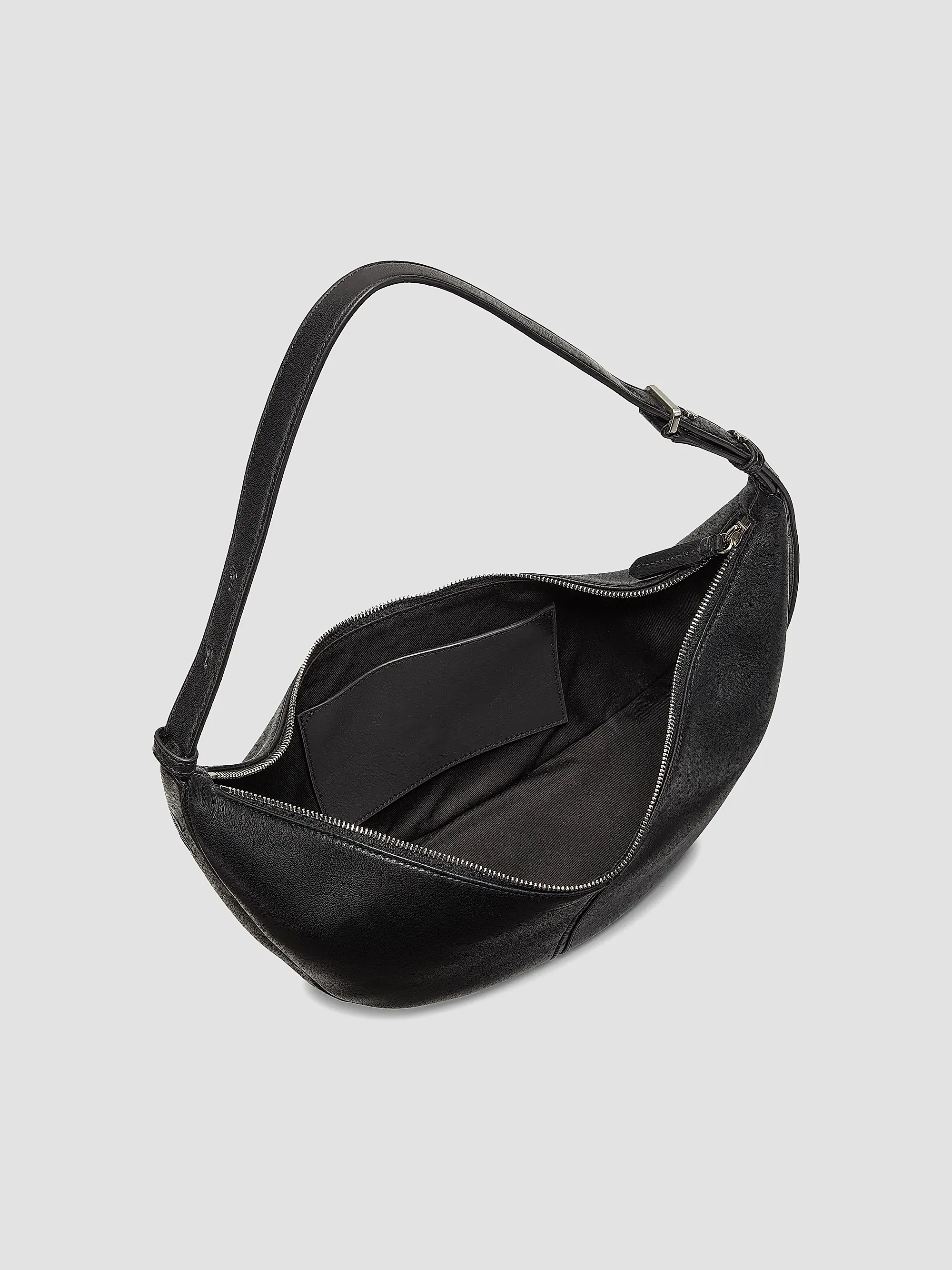 Black Smooth Nappa Lamb Leather Adjustable Strap Crescent Hobo Shoulder Bag