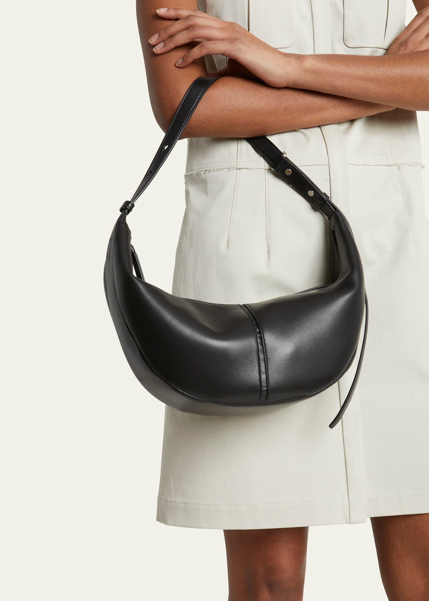 Black Smooth Napa Leather Adjustable Strap Crescent Shoulder Hobo Bag