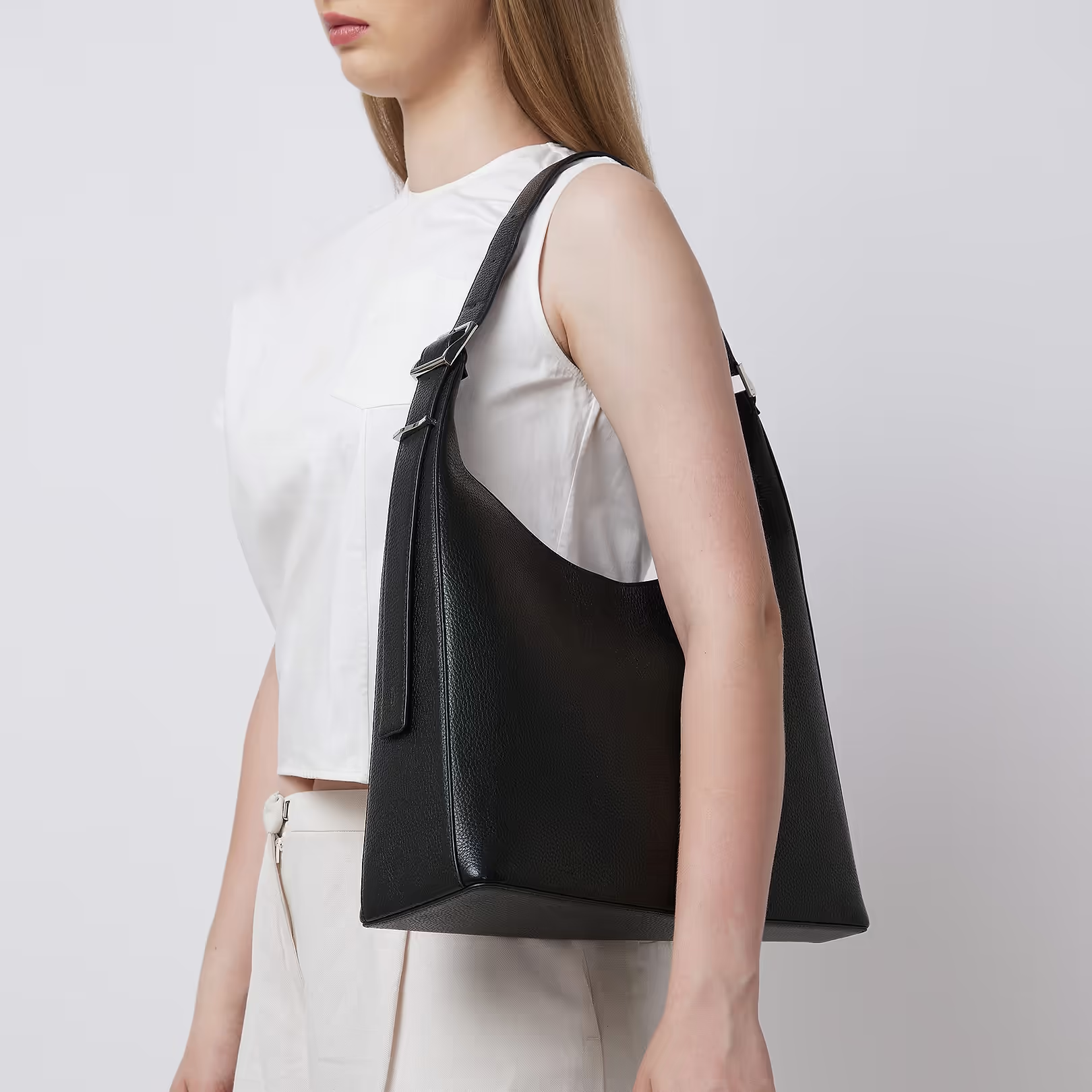 Black Genuine Leather Large Hobo Shoulder Bag