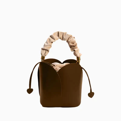Brown Rose Petal Vegan Leather Ruched Handle Heart Drawstring  Bucket Handbag