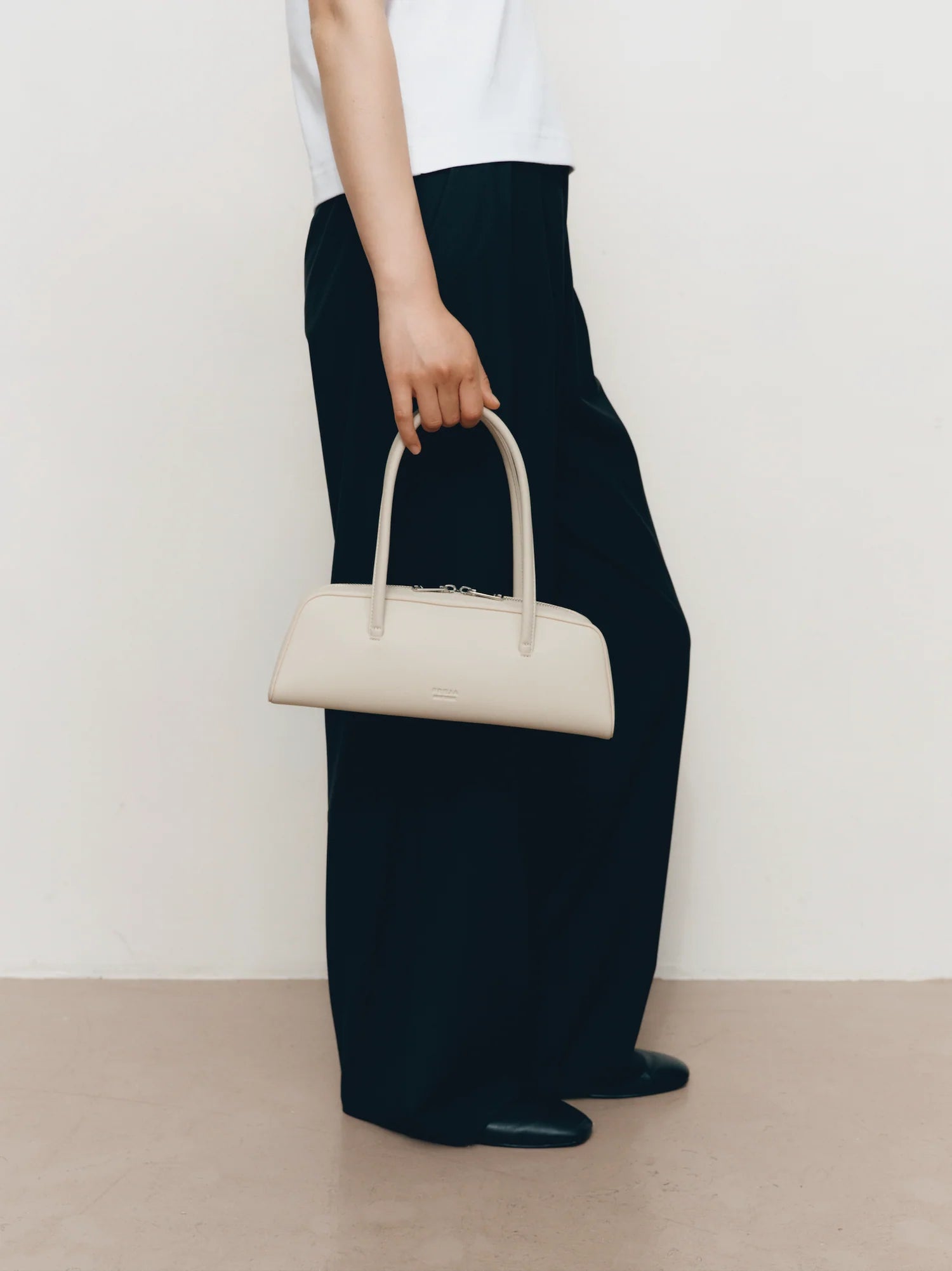 Smooth Leather Thin Rolled Handle Double Zip Elongated Underarm Bag