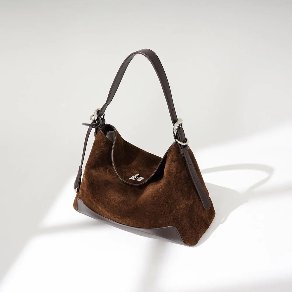 Suede Leather Patchwork Adjustable Strap Croissant Hobo Shoulder Tote Bag