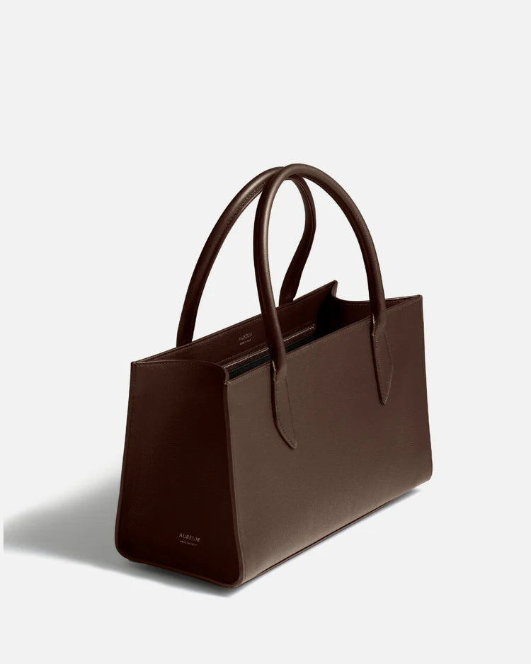 Dark Brown Full-Grain Leather Rolled Handle Structured Tote Bag