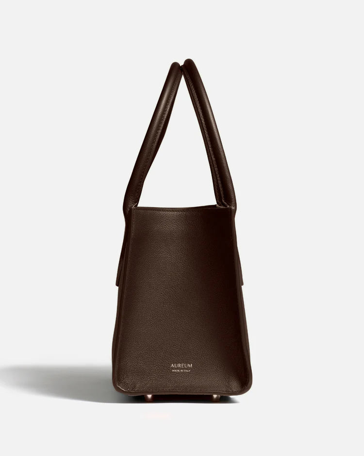 Dark Brown Full-Grain Leather Rolled Handle Structured Tote Bag