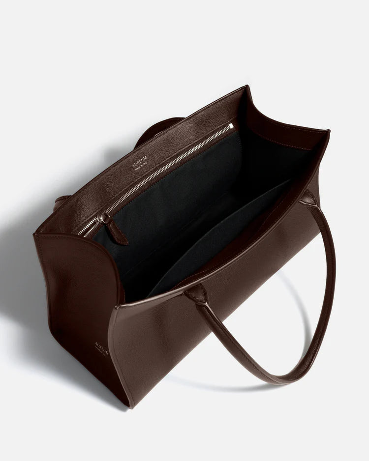 Dark Brown Full-Grain Leather Rolled Handle Structured Tote Bag