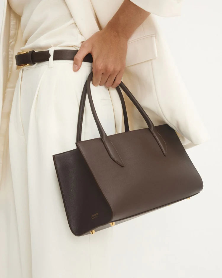 Dark Brown Full-Grain Leather Rolled Handle Structured Tote Bag
