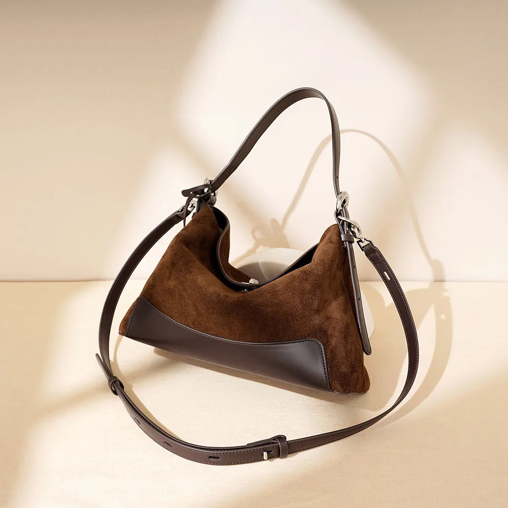 Suede Leather Patchwork Adjustable Strap Croissant Hobo Shoulder Tote Bag