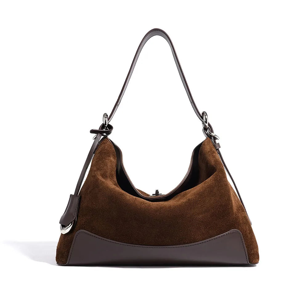 Suede Leather Patchwork Adjustable Strap Croissant Hobo Shoulder Tote Bag