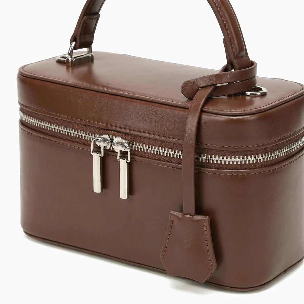 Smooth Genuine Leather Dual Zip Mini Vanity Box Crossbody Handbag