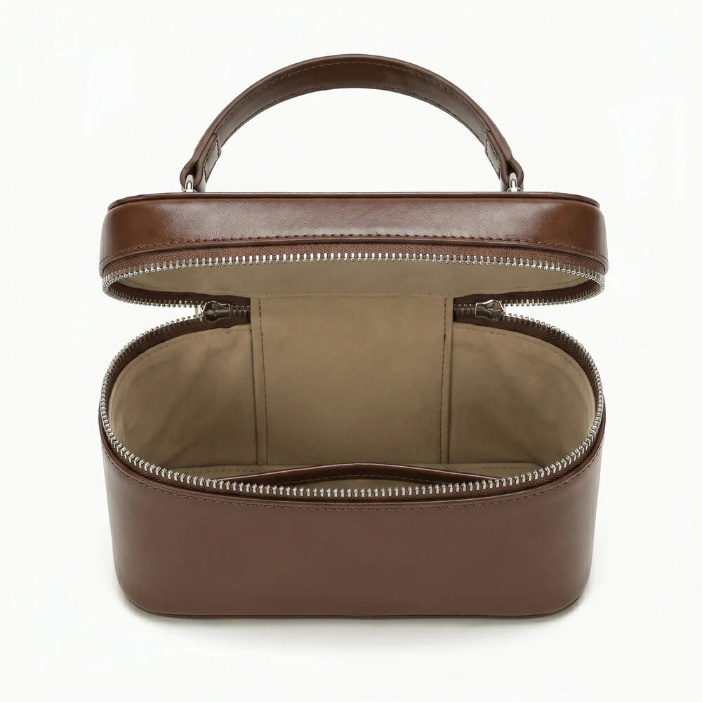 Smooth Genuine Leather Dual Zip Mini Vanity Box Crossbody Handbag