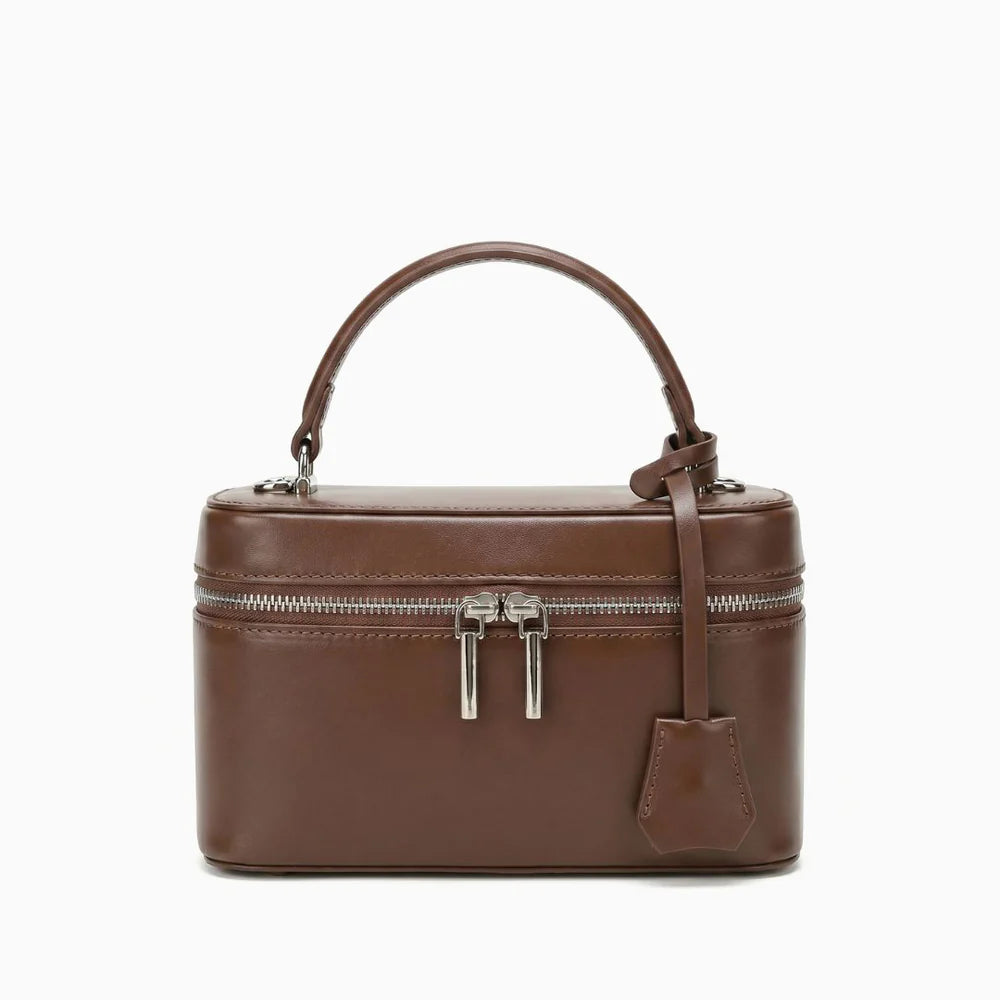 Smooth Genuine Leather Dual Zip Mini Vanity Box Crossbody Handbag