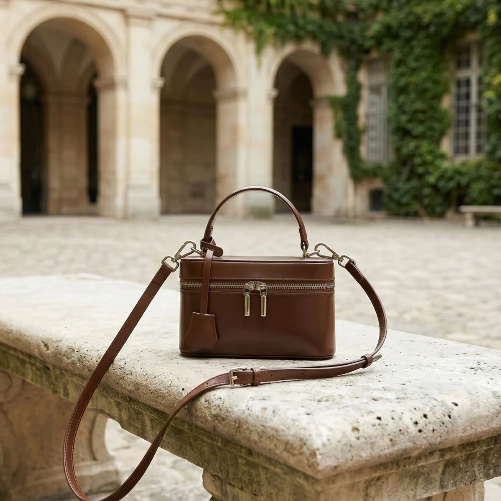 Smooth Genuine Leather Dual Zip Mini Vanity Box Crossbody Handbag