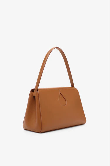 Camel Grained Leather Teardrop Cutout Shoulder Bag