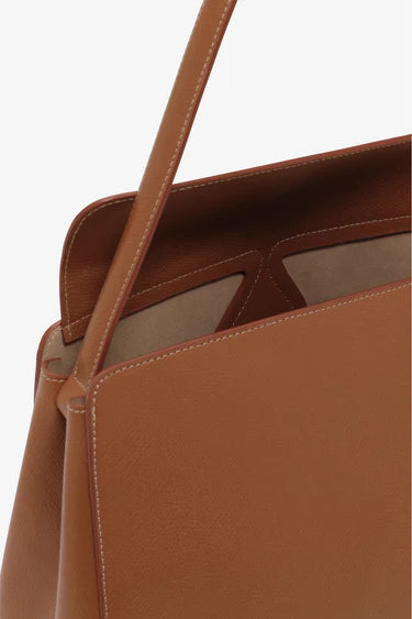 Camel Grained Leather Teardrop Cutout Shoulder Bag