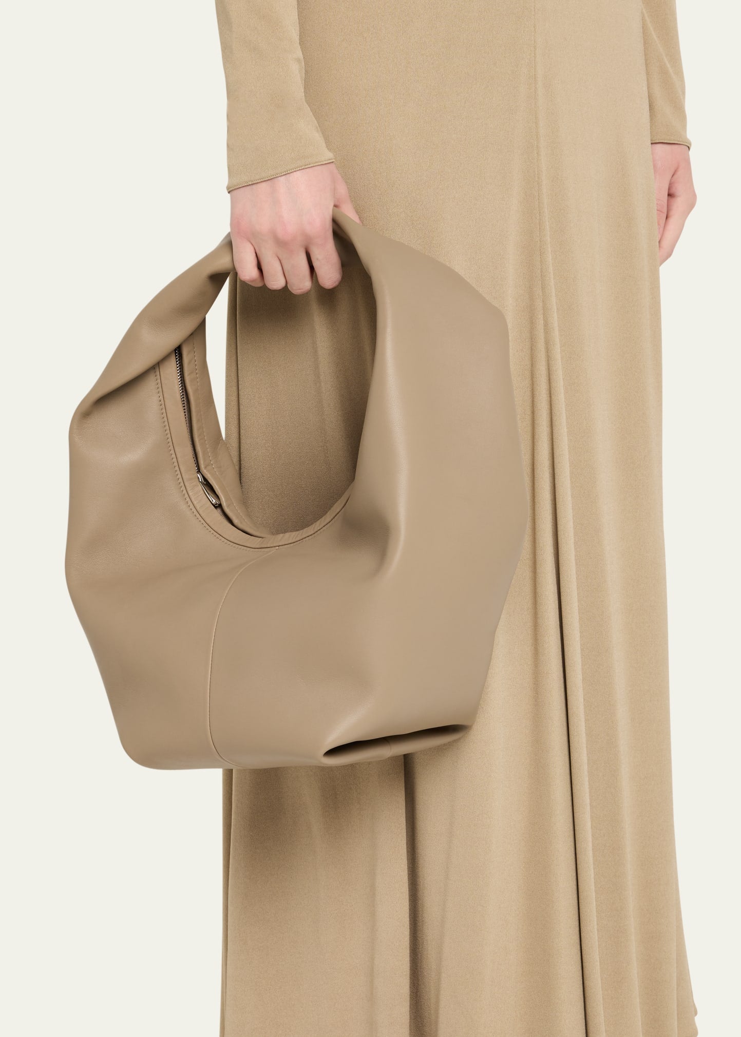 Beige Soft Leather Integrated Twisted Strap Oversized Slouch Hobo Shoulder Bag
