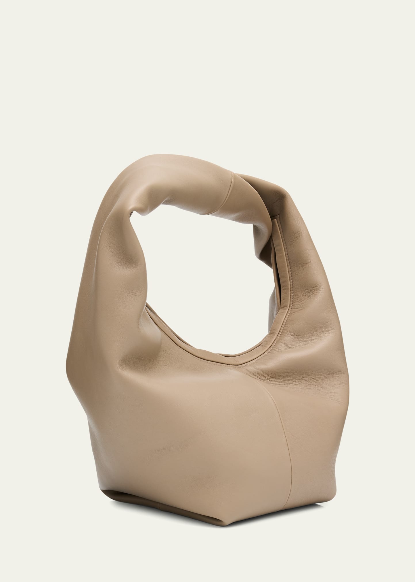 Beige Soft Leather Integrated Twisted Strap Oversized Slouch Hobo Shoulder Bag
