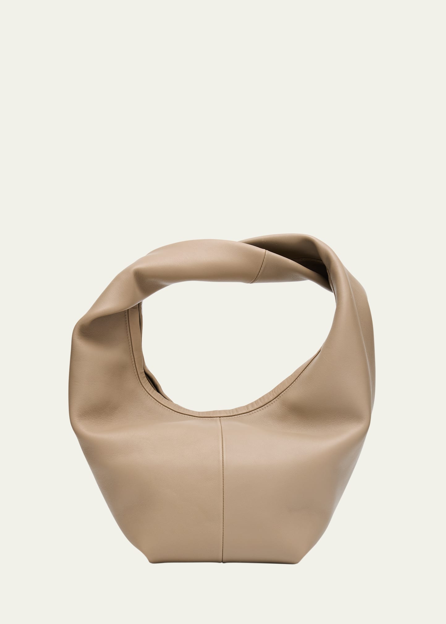 Beige Soft Leather Integrated Twisted Strap Oversized Slouch Hobo Shoulder Bag