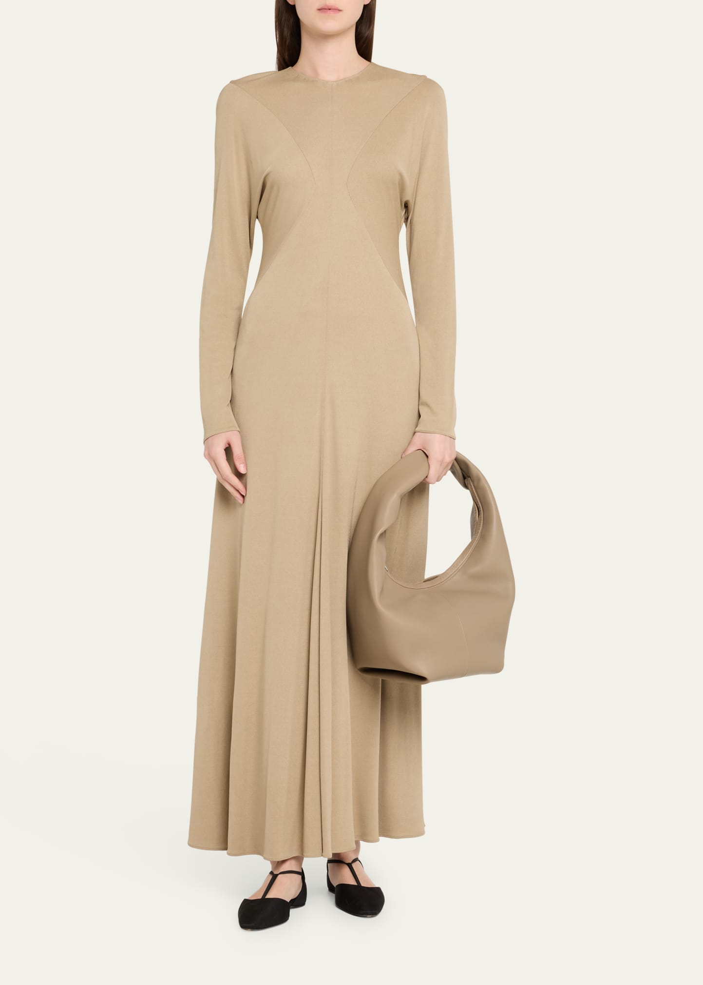 Beige Soft Leather Integrated Twisted Strap Oversized Slouch Hobo Shoulder Bag