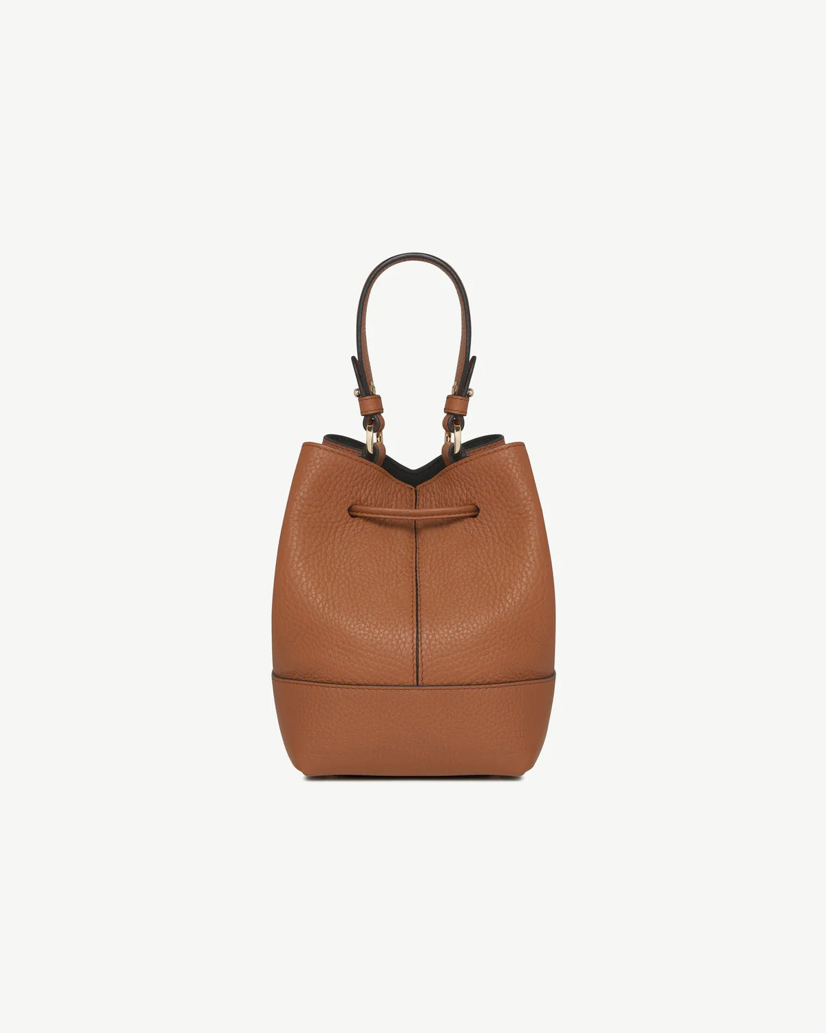 Tan Pebble Leather Bar Drawstring Mini Bucket Crossbody Bag