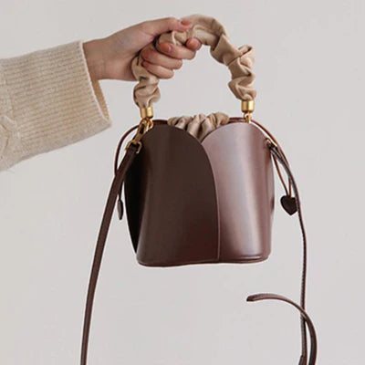 Brown Rose Petal Vegan Leather Ruched Handle Heart Drawstring  Bucket Handbag