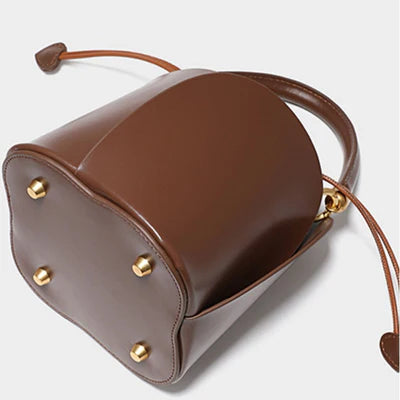 Brown Rose Petal Vegan Leather Ruched Handle Heart Drawstring  Bucket Handbag