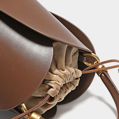 Brown Rose Petal Vegan Leather Ruched Handle Heart Drawstring  Bucket Handbag