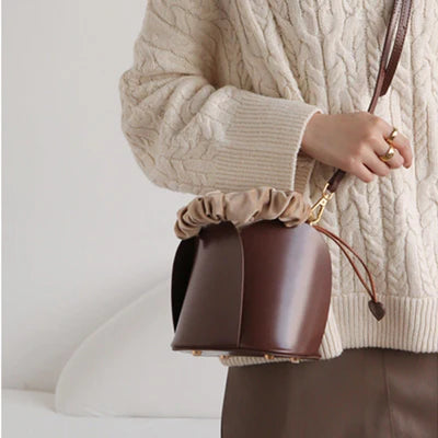 Brown Rose Petal Vegan Leather Ruched Handle Heart Drawstring  Bucket Handbag