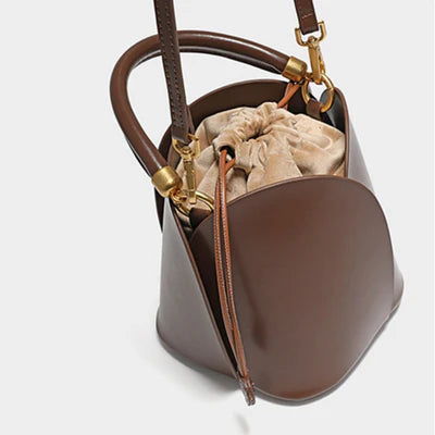 Brown Rose Petal Vegan Leather Ruched Handle Heart Drawstring  Bucket Handbag